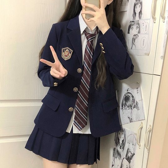 原创jk制服黑色西装外套女大学生学院风校供感绀色三粒扣西服上衣