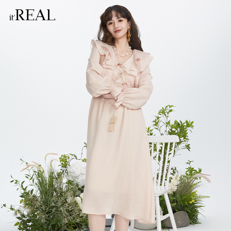 it'real瑞尔春新款花边领粉色连衣裙仙气质通勤长袖中长裙,淘宝优惠券,粉丝福利购,淘宝优惠卷
