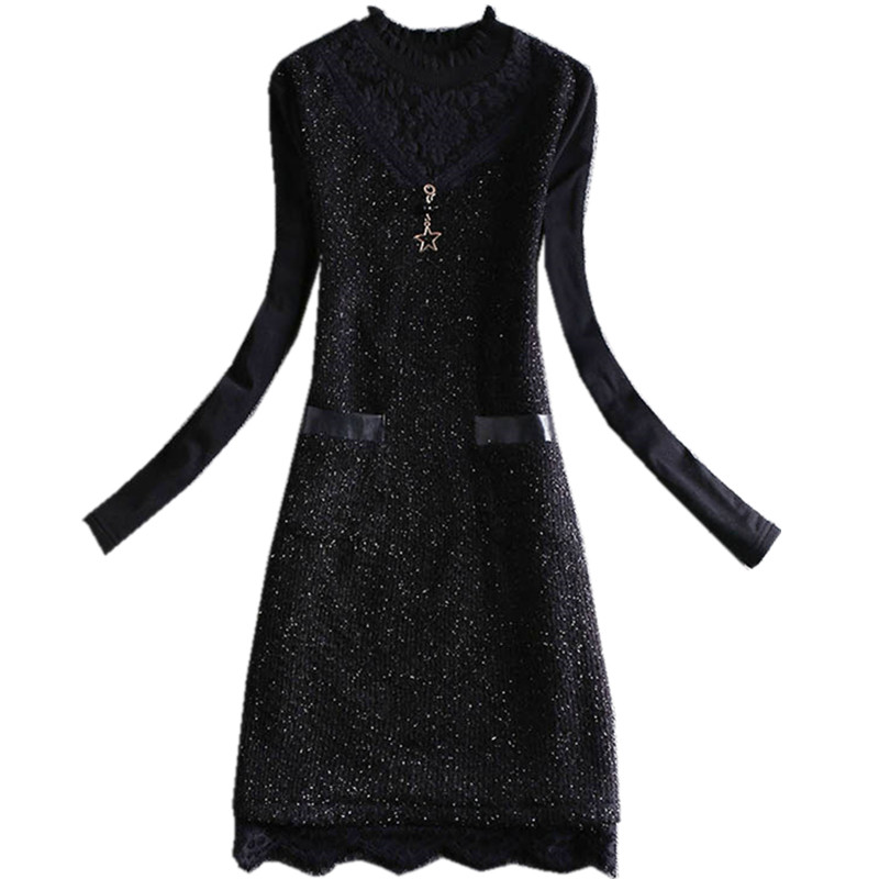 加绒加厚蕾丝中长款长袖洋气打底衫 从度蕾丝衫/雪纺衫