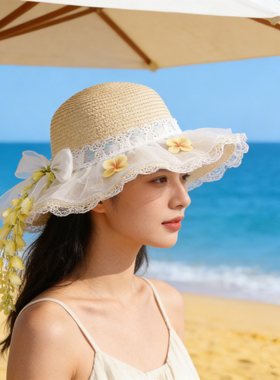 法式春夏大檐防晒蕾丝沙滩草帽女