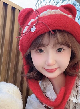 可爱小熊套头帽秋冬护耳保暖针织毛线帽子女立体蝴蝶结雷锋帽学生