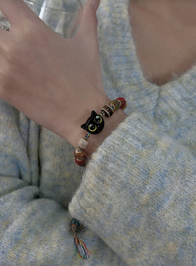 陶瓷彩色编织绳串珠猫咪手链女