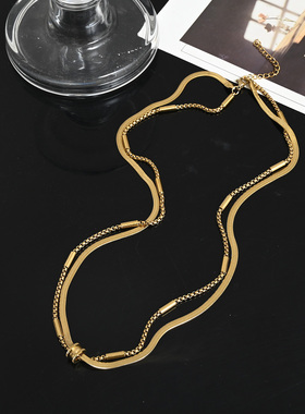 原创双股设计款金色叠戴钛钢项链