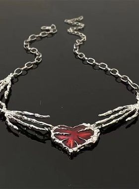 朋克个性暗红爱心吊坠颈链