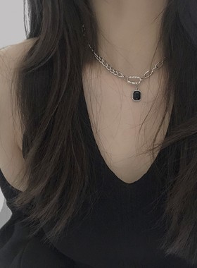 不规则黑色小方块项链女小众设计