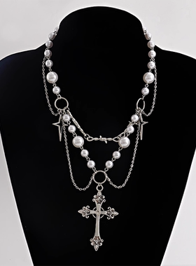 小众高级感双层珍珠十字架项链