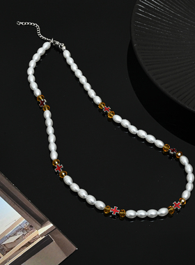 原创仿珍珠项链男款红色十字架