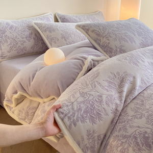 冬季雕花牛奶绒四件套高级感加厚加绒被套冰岛绒加厚保暖四件套