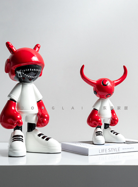 现代简约儿童房卡通摆件创意潮玩红色拳击公仔树脂雕塑艺术装饰品