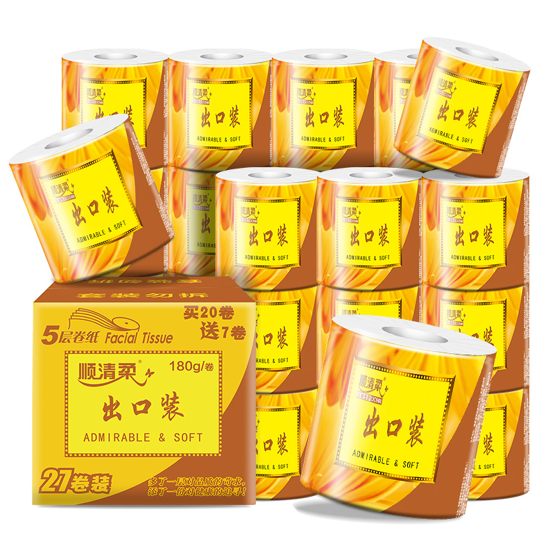 顺清柔出口装卷筒纸家用卫生纸卷纸有芯纸巾厕纸5层卷纸180g*27卷-图0