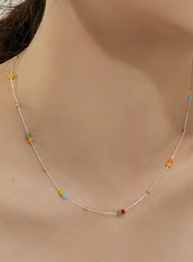 少女颜究所项链女2023新款彩虹甜豆博主圆珠小巧豆豆锁骨链叠戴潮