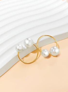 欧美跨境货源黑白仿珍珠戒指开口可调节指环小众哥特风时尚女士