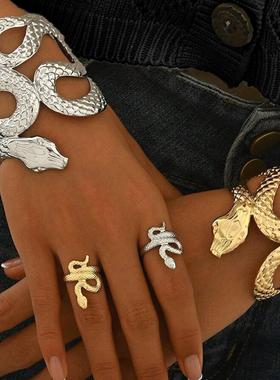欧美跨境货源时尚朋克哥特风镂空蛇形手镯戒指套装可调节夸张小众