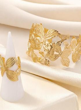 欧美跨境货源时尚夸张蝴蝶花朵镂空手镯戒指套装轻奢开口可调节女