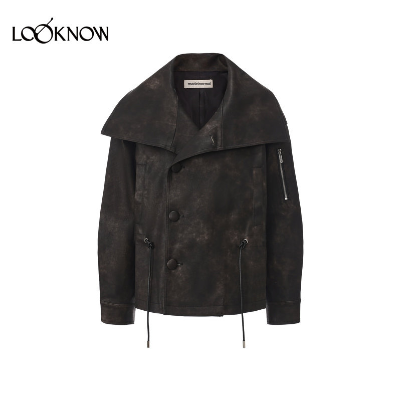 madeinormal X LOOKNOW2025秋冬新款黑色大翻领仿皮风衣抽绳外套,淘宝优惠券,粉丝福利购,淘宝优惠卷