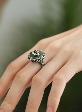 925银新中式莲花平安扣开口戒指