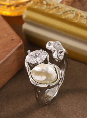 铜镀真金小众个性设计感巴洛克异形珍珠可调节开口戒指时尚手饰女