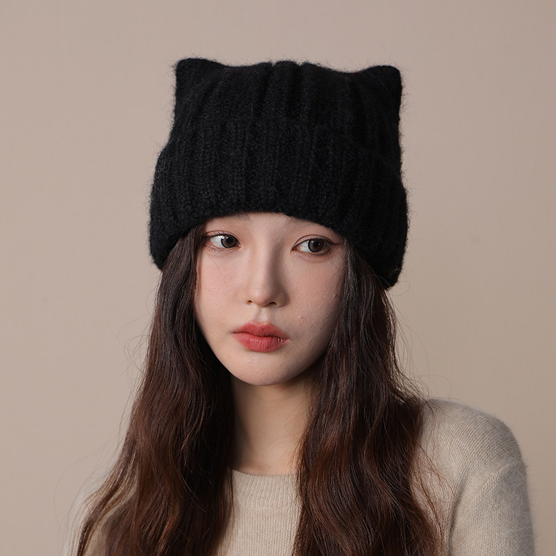 猫耳朵可爱毛线帽女秋冬季加厚包头护耳帽大头围百搭毛绒针织帽子,淘宝优惠券,粉丝福利购,淘宝优惠卷