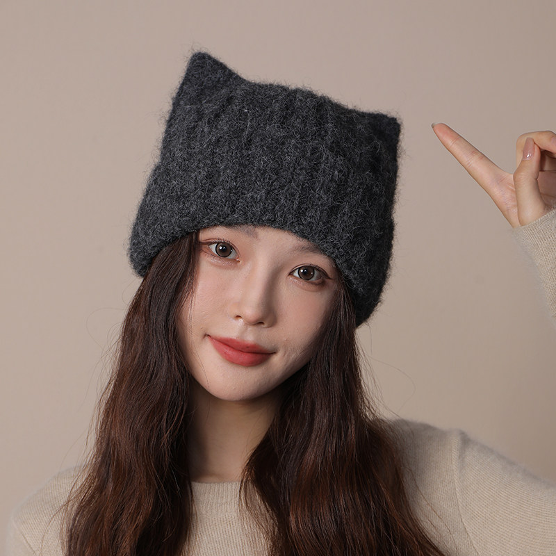 猫耳朵可爱毛线帽女秋冬季加厚包头护耳帽大头围百搭毛绒针织帽子,淘宝优惠券,粉丝福利购,淘宝优惠卷