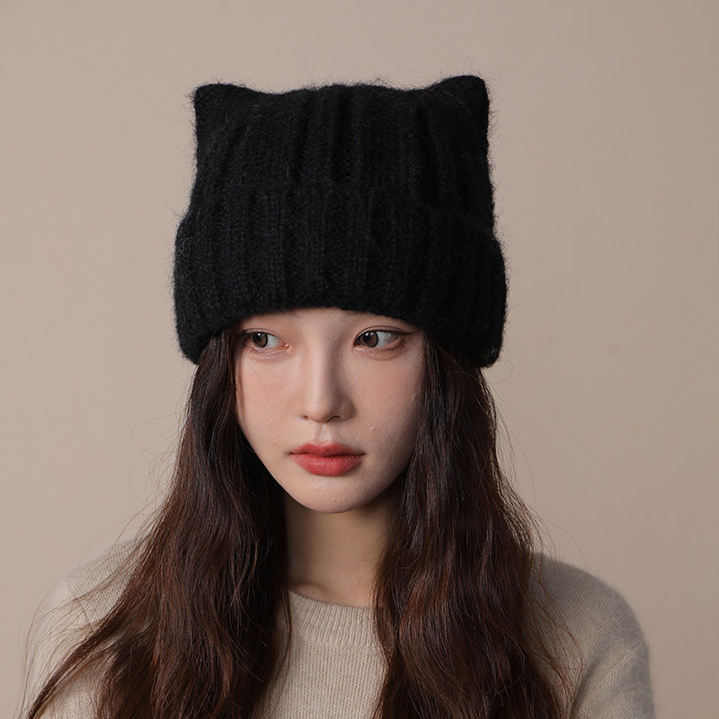 猫耳朵可爱毛线帽女秋冬季加厚包头护耳帽大头围百搭毛绒针织帽子,淘宝优惠券,粉丝福利购,淘宝优惠卷
