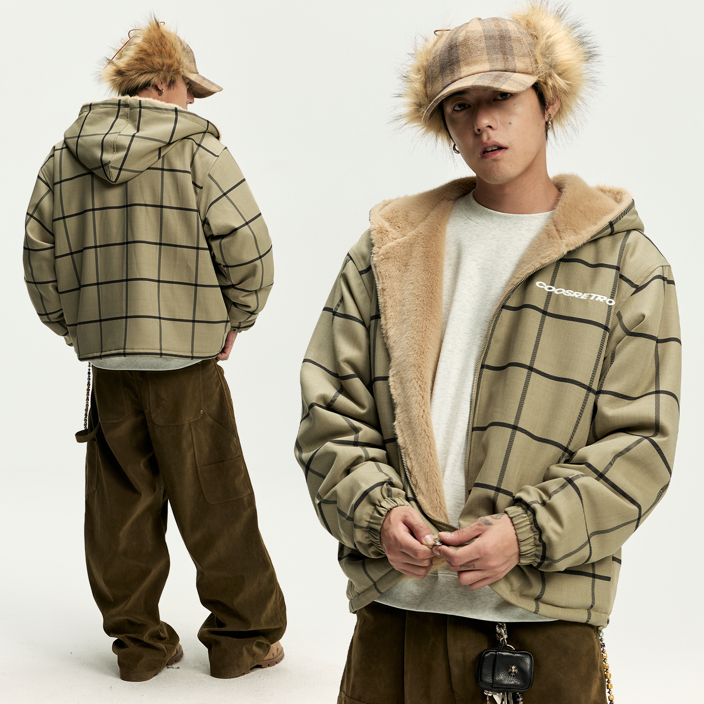 CoosRetro 美式复古潮流男士格纹连帽加绒夹克logo刺绣工装厚外套 - 图1