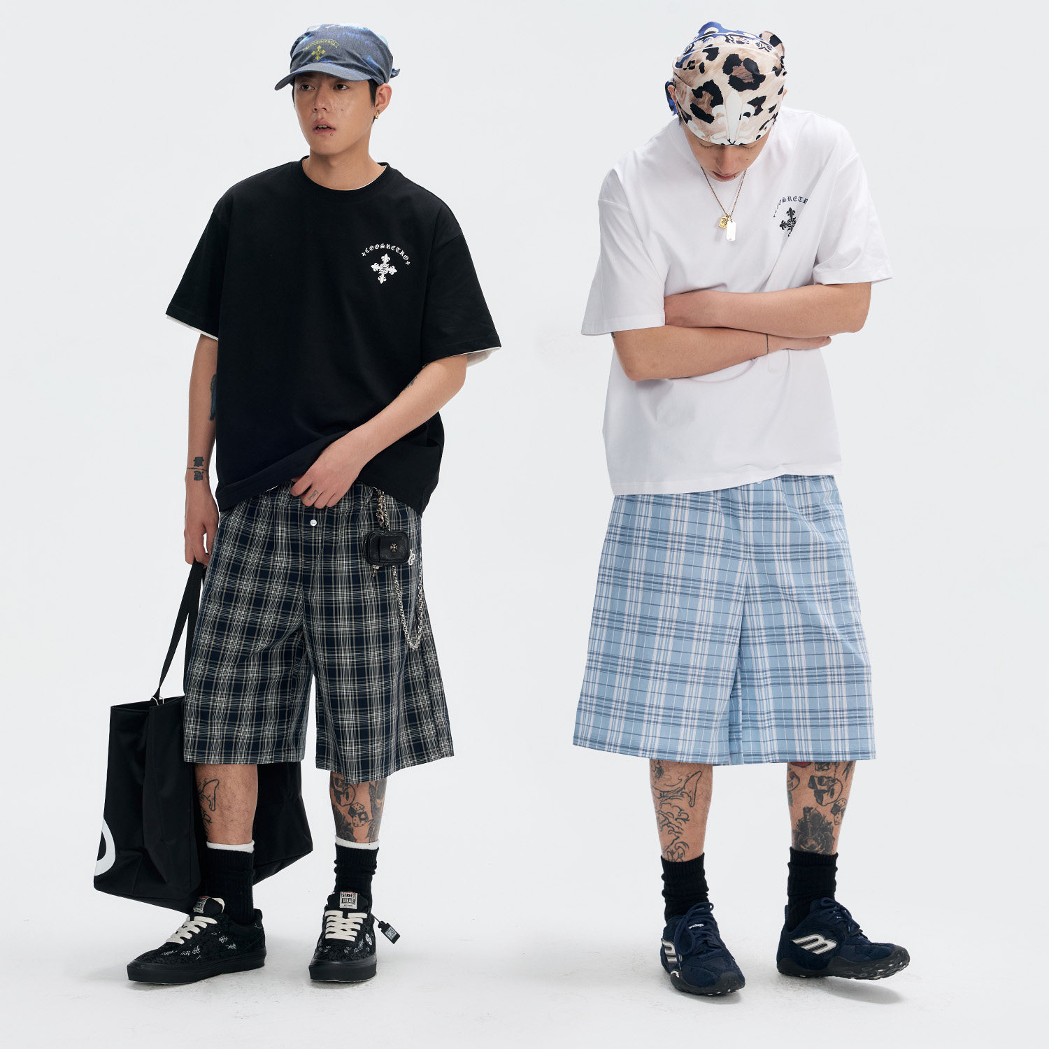 CoosRetro American retro plaid fake placket design casual pants for boys loose and versatile cropped pants