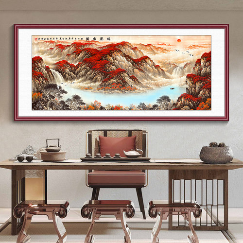 鸿运当头国画办公室挂画新中式客厅装饰画茶室山水风景聚宝盘壁画 - 图1