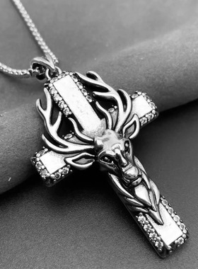 knn-1211跨境电商麋鹿十字架吊坠小众设计朋克哥特暗黑风重工项链