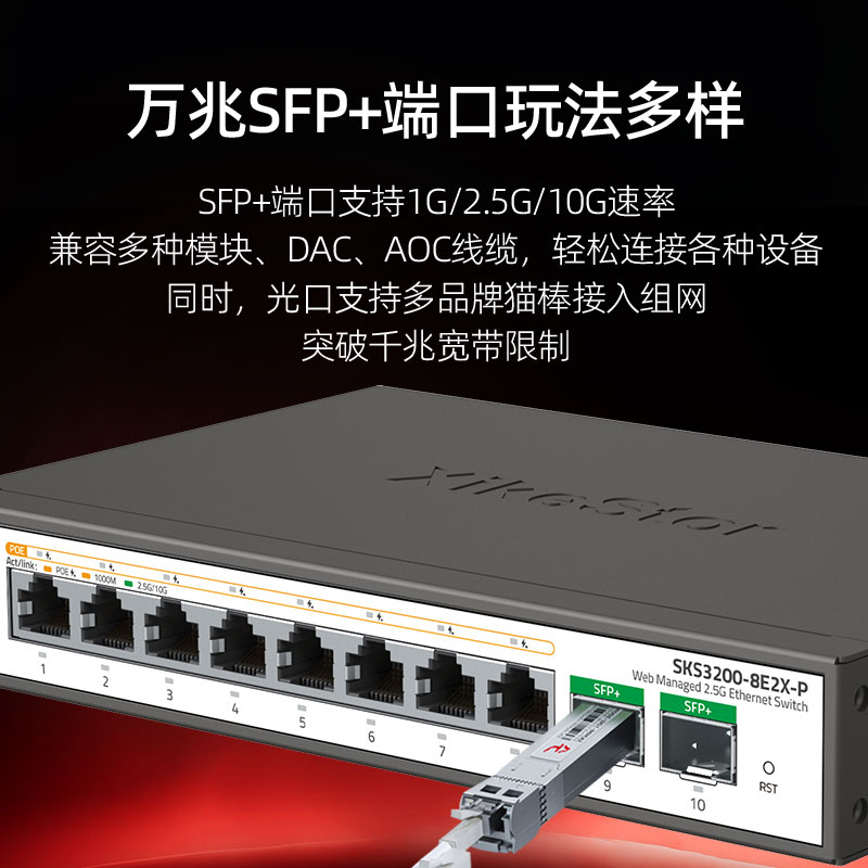 兮克2.5G poe交换机轻管理2.5G电口10G光口即插即用SKS3200-8E2X-P光电混合监控摄像头供电机架型 - 图1