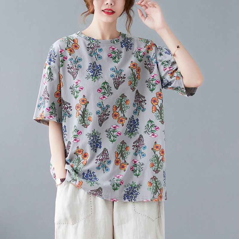 新款复古碎花短袖t恤女中年妈妈装打底衫大码女装宽松上衣春夏季