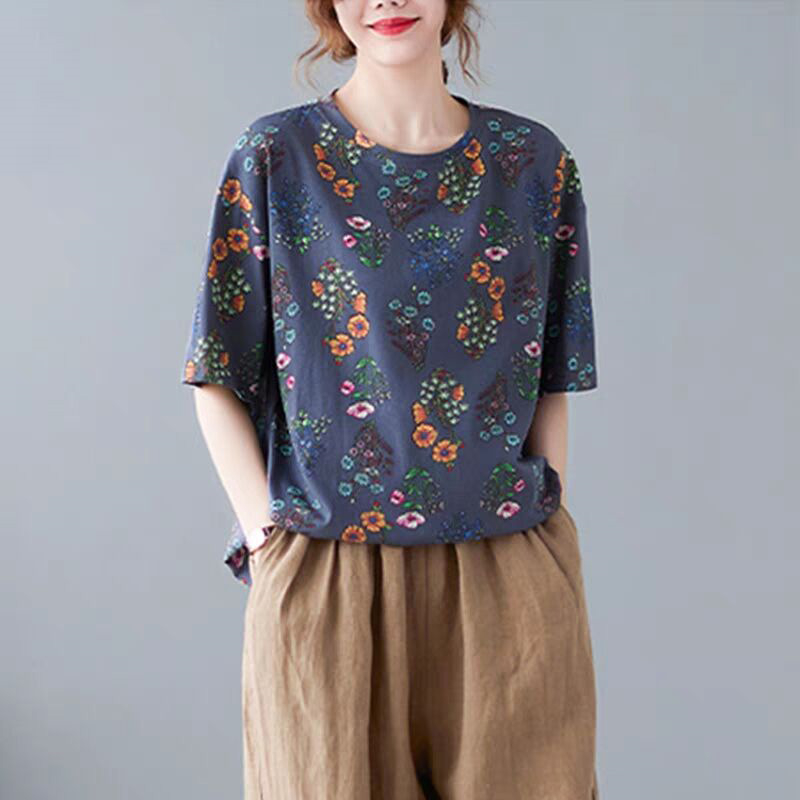 新款复古碎花短袖t恤女中年妈妈装打底衫大码女装宽松上衣春夏季