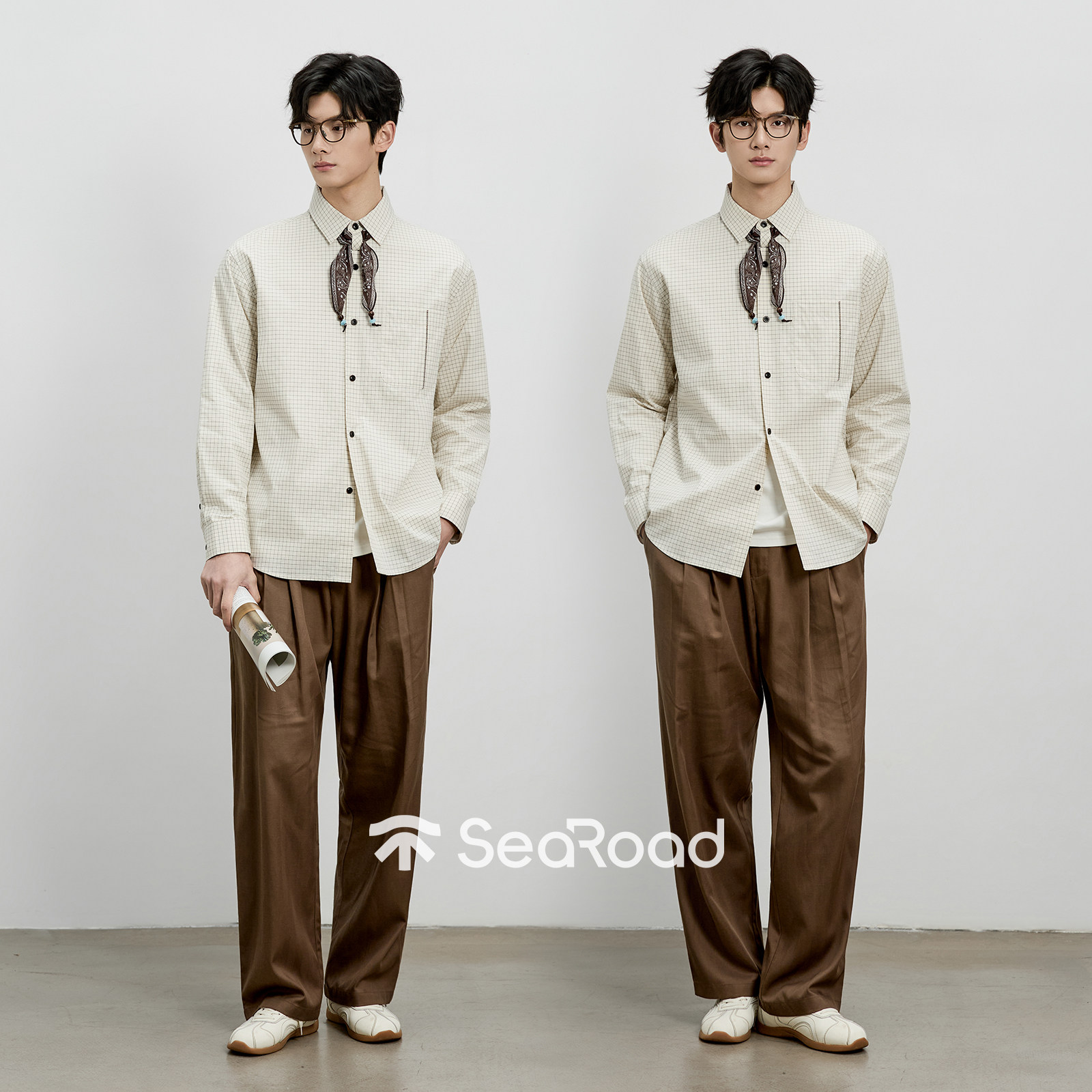 【可拆卸丝巾】海上公路文青衬衫男士春夏100%棉格纹撞色通勤上衣