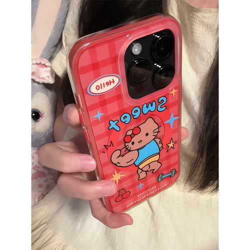 红格纹卡通可爱肌肉猫咪适用苹果18promax手机壳iPhone17女新款16磁吸支架15日系16Pro防摔15pro保护套14网红 - 图2