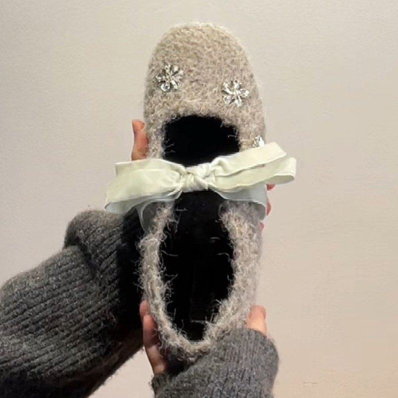 法式毛绒玛丽珍鞋女2025年冬季新款蝴蝶结水钻花朵豆豆鞋毛呢单鞋,淘宝优惠券,粉丝福利购,淘宝优惠卷