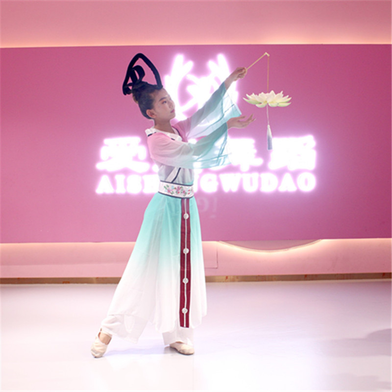 步步生莲古典舞演出服女童飘逸蜀绣扇子舞蹈服秧歌服山鬼表演服装