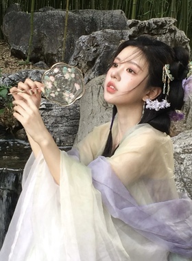 民族风头饰套装仙气绢花紫色月季头花镀金优雅发钗插梳古风发叉子