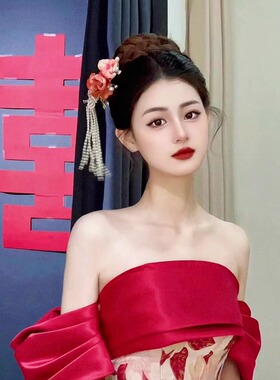 汉服新中式新娘头饰粉色流苏发簪