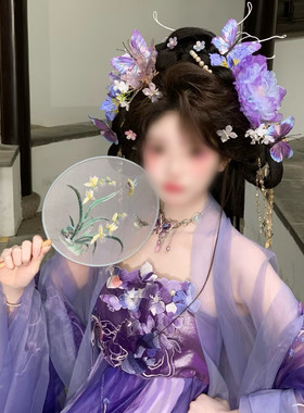 小唐风紫色绢花仙气古风头饰配饰
