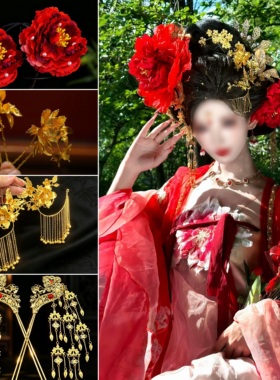 大唐盛世汉服头饰红色繁华妆造款