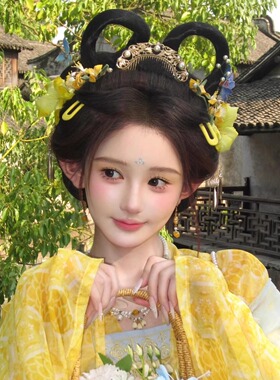 唐风头饰汉服发钗一套黄色发饰