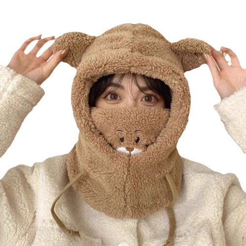 小熊帽口罩帽子围巾一体冬天女冬天骑车防寒保暖帽子女秋冬时尚帽 - 图3