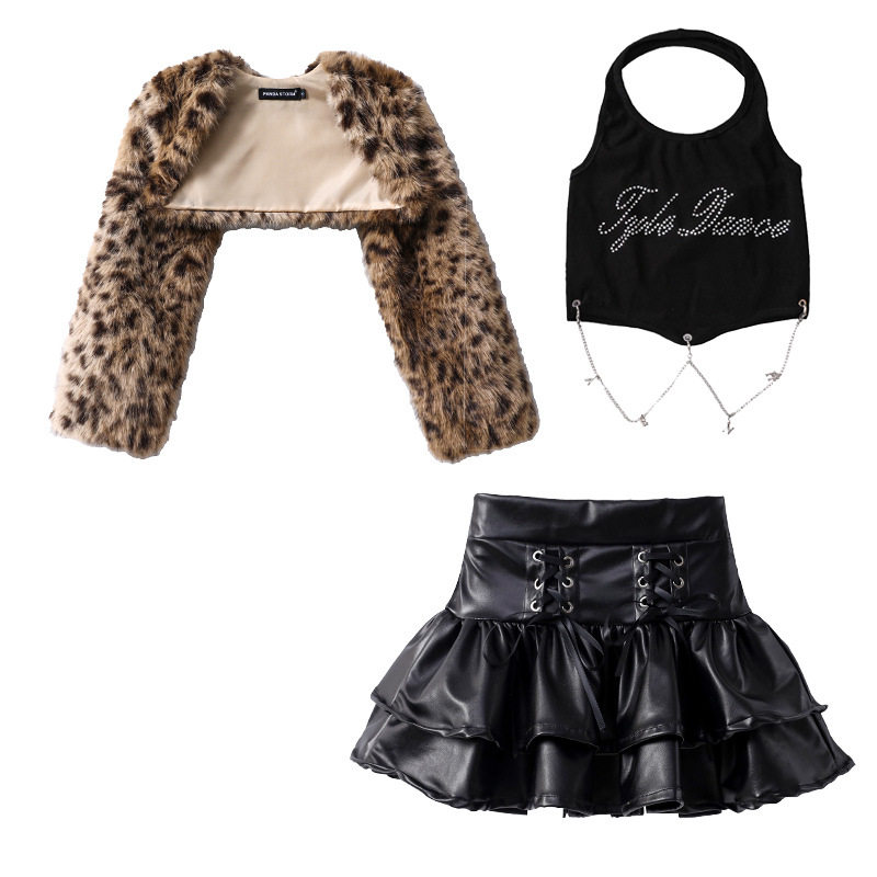 爵士舞jazz女童潮流百搭豹纹毛毛长袖外套长裤套装儿童街舞演出服,淘宝优惠券,粉丝福利购,淘宝优惠卷