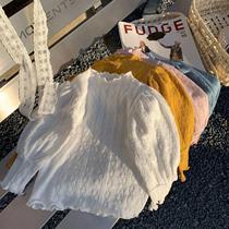 Female childrens spring and autumn bubble sleeves jacket Yangqi female baby spring clothing trendy Han version Long sleeve T-shirt parent-child family wave