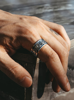 FuGui 复古太阳图腾浮雕戒指男士简约个性百搭高级感单戒开口指环