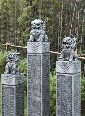 新中式客厅装饰入户玄关禅意招财貔貅仿石狮子一对落地摆件拴马桩