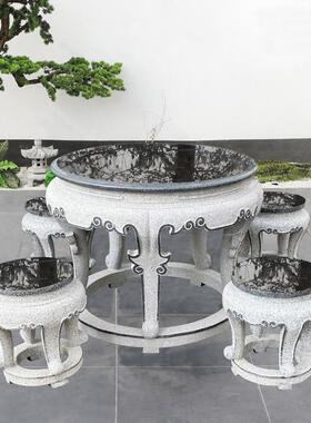 石桌石凳户外庭院花园酒店别墅装饰大理石茶几天然青石仿古圆桌凳