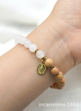 8mm珠径白玉髓/红玛瑙和橄榄木珠手链一端念珠原创手串亚马逊