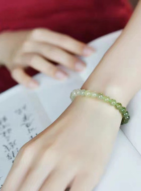 天然渐变色晴水和田玉手串女冰底高冰青白玉珠子串珠散珠配珠手链