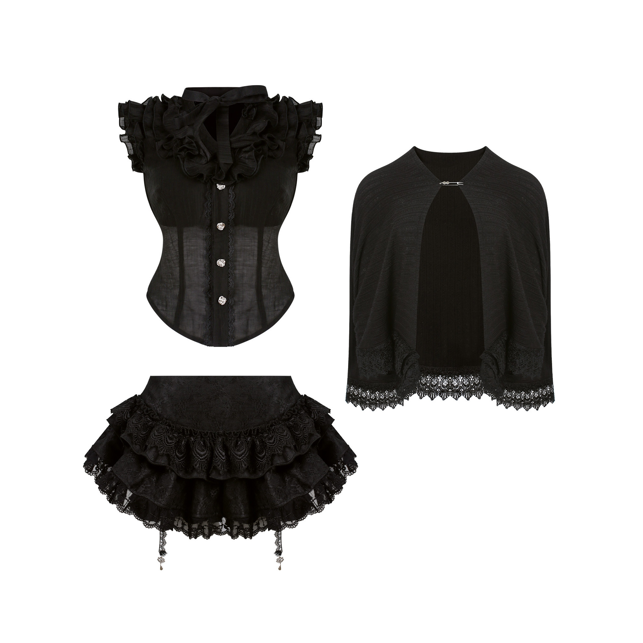 少女椰子 见习魔女 秋冬两件套女黑微透上衣+黑色蕾丝蛋糕裙+披肩,淘宝优惠券,粉丝福利购,淘宝优惠卷