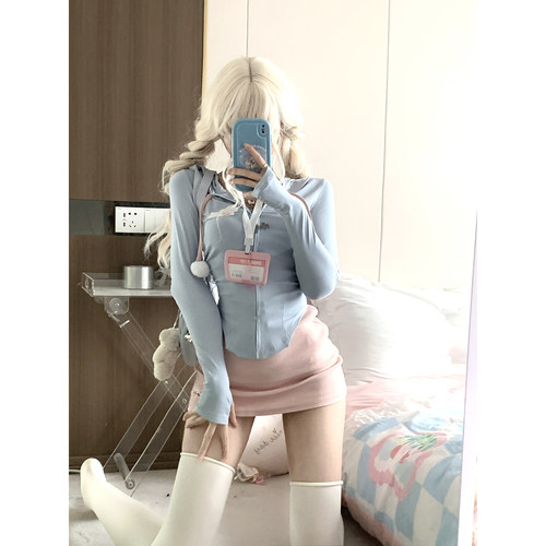 少女椰子/少女游泳馆 秋冬蓝色紧身上衣防晒衫包臀裙运动辣妹套装 - 图1